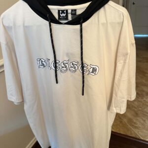 WXYZ Blessed Graphic Hooded T-Shirt Men's L Oversized White Black Short Sleeve
