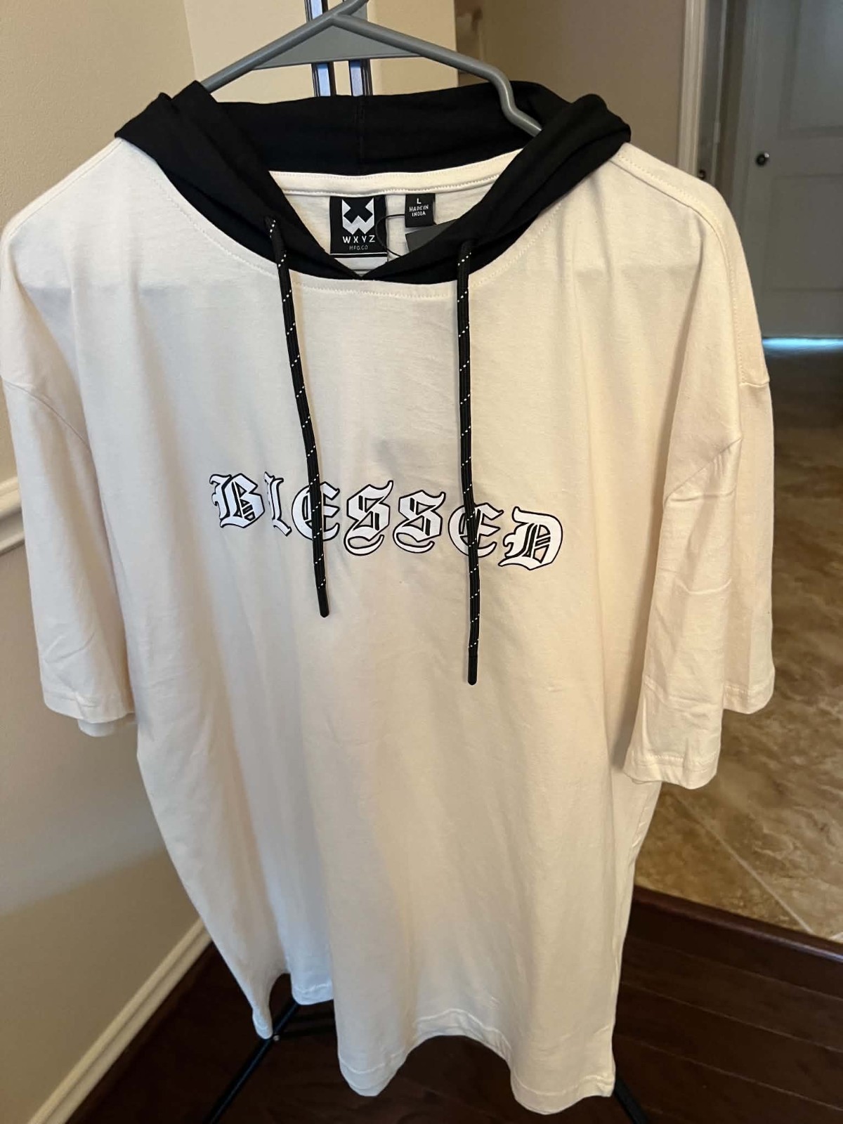 WXYZ Blessed Graphic Hooded T-Shirt Men's L Oversized White Black Short Sleeve