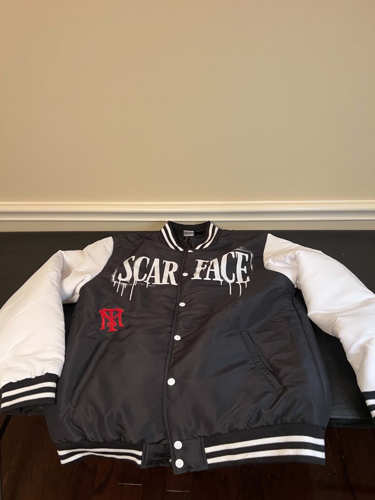 Scarface Men’s Varsity Jacket Size L Black/White Graphic Back Snap Front Lined - Image 6