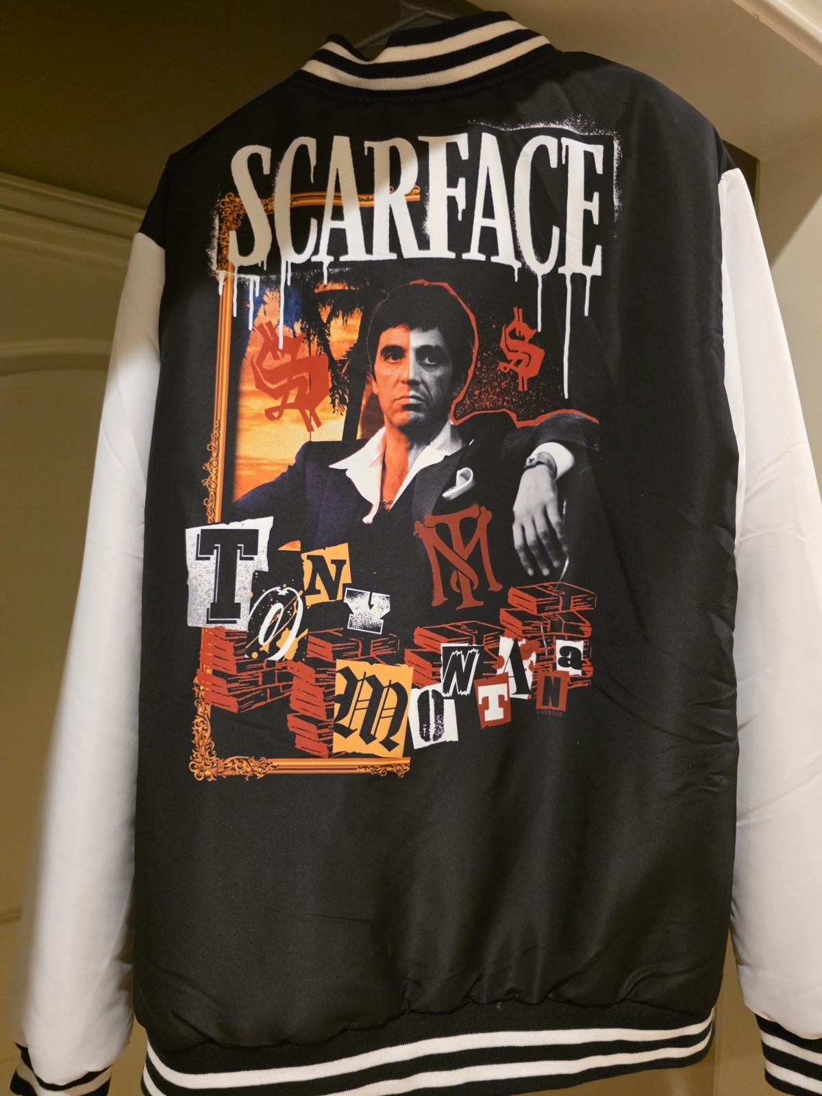 Scarface Men’s Varsity Jacket Size XL Black/White Graphic Back Snap Front Lined - Image 2
