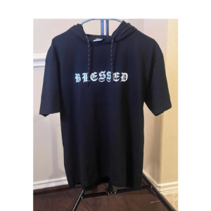 WXYZ Blessed Graphic Print Oversized Short Sleeve Hooded Pullover Hoodie Black M
